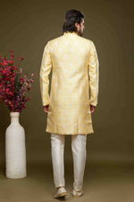 Thumbnail for Raivat Ethnic Banarasi Jacquard Embroidery Semi Indo Western Sherwani In Yellow Colour