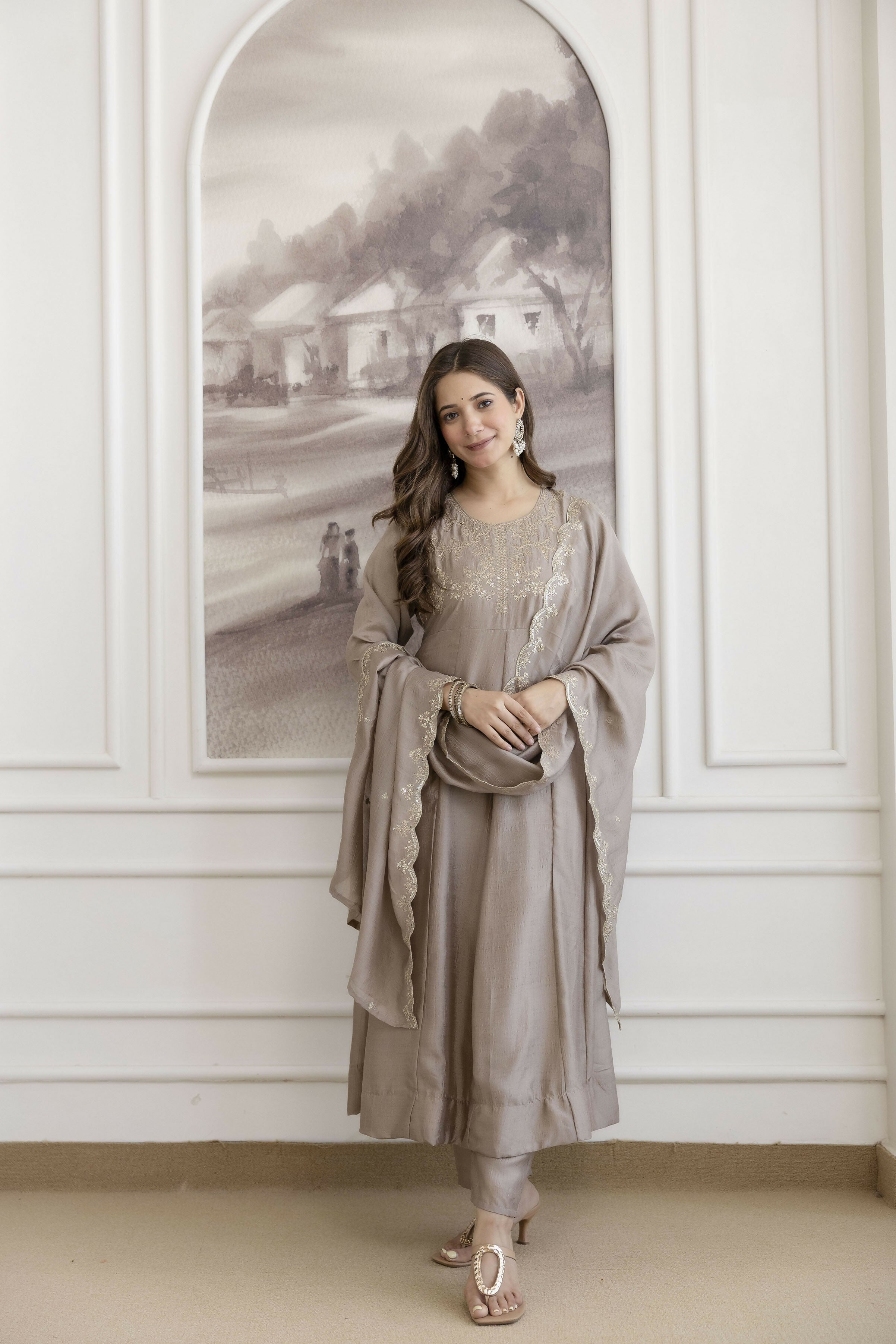 The52 Chiku Women's Beautiful Vichitra Silk Fabric Embroidered Work Flared Anarkali Pant and Dupatta Set