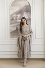 Thumbnail for The52 Chiku Women's Beautiful Vichitra Silk Fabric Embroidered Work Flared Anarkali Pant and Dupatta Set