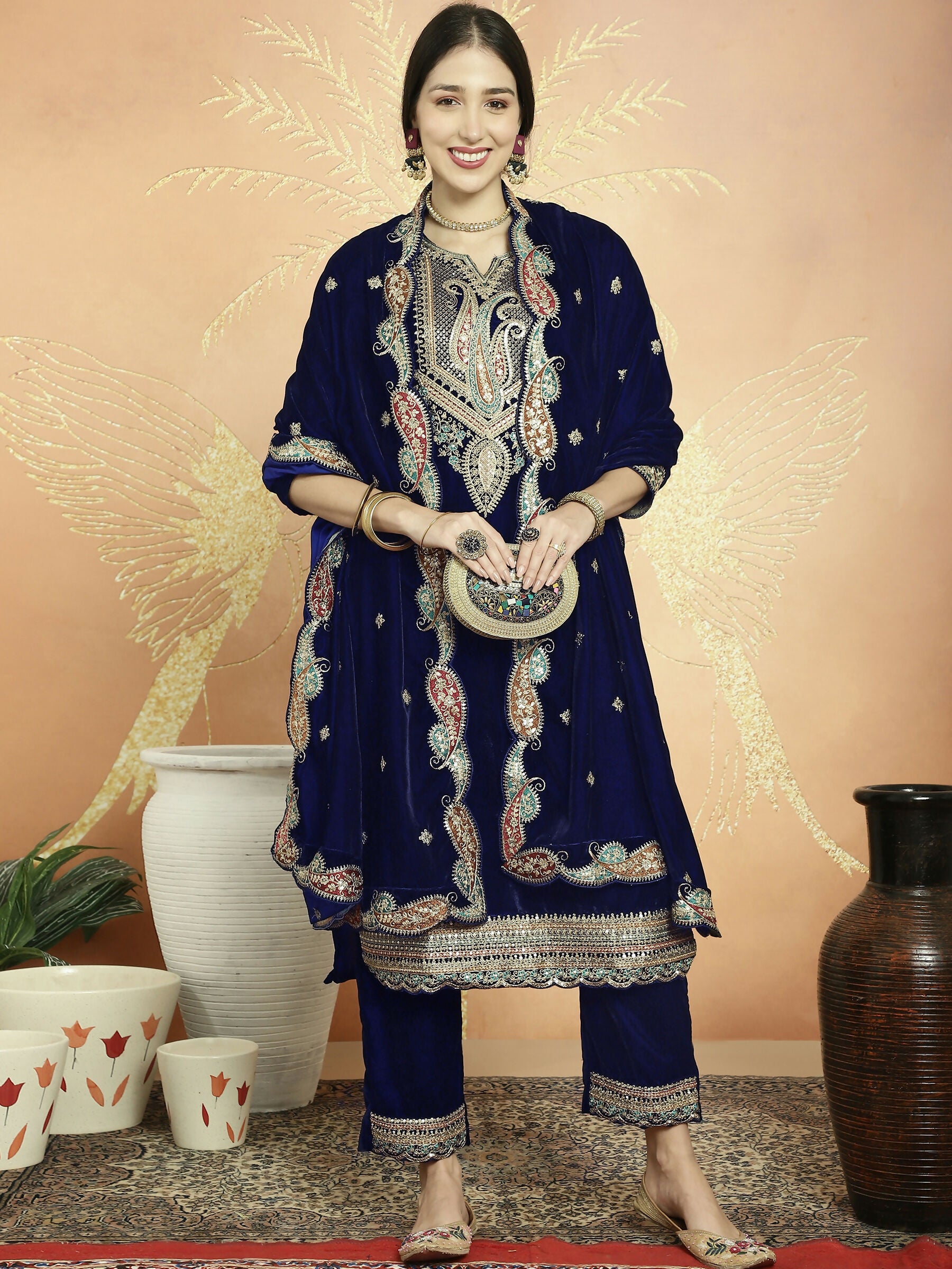 Jyoti Fashion Women's Navy Blue Velvet Cording with Resham Thread & Sequin Kurta with Trouser & Dupatta - Distacart