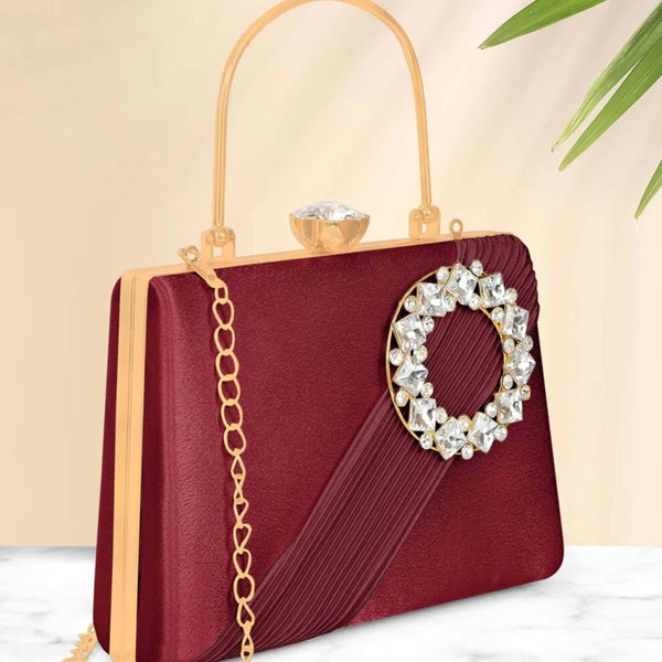 Joban Fashion Luxurious Satin Evening Clutch With Detachable Chain Strap - Maroon - Dista