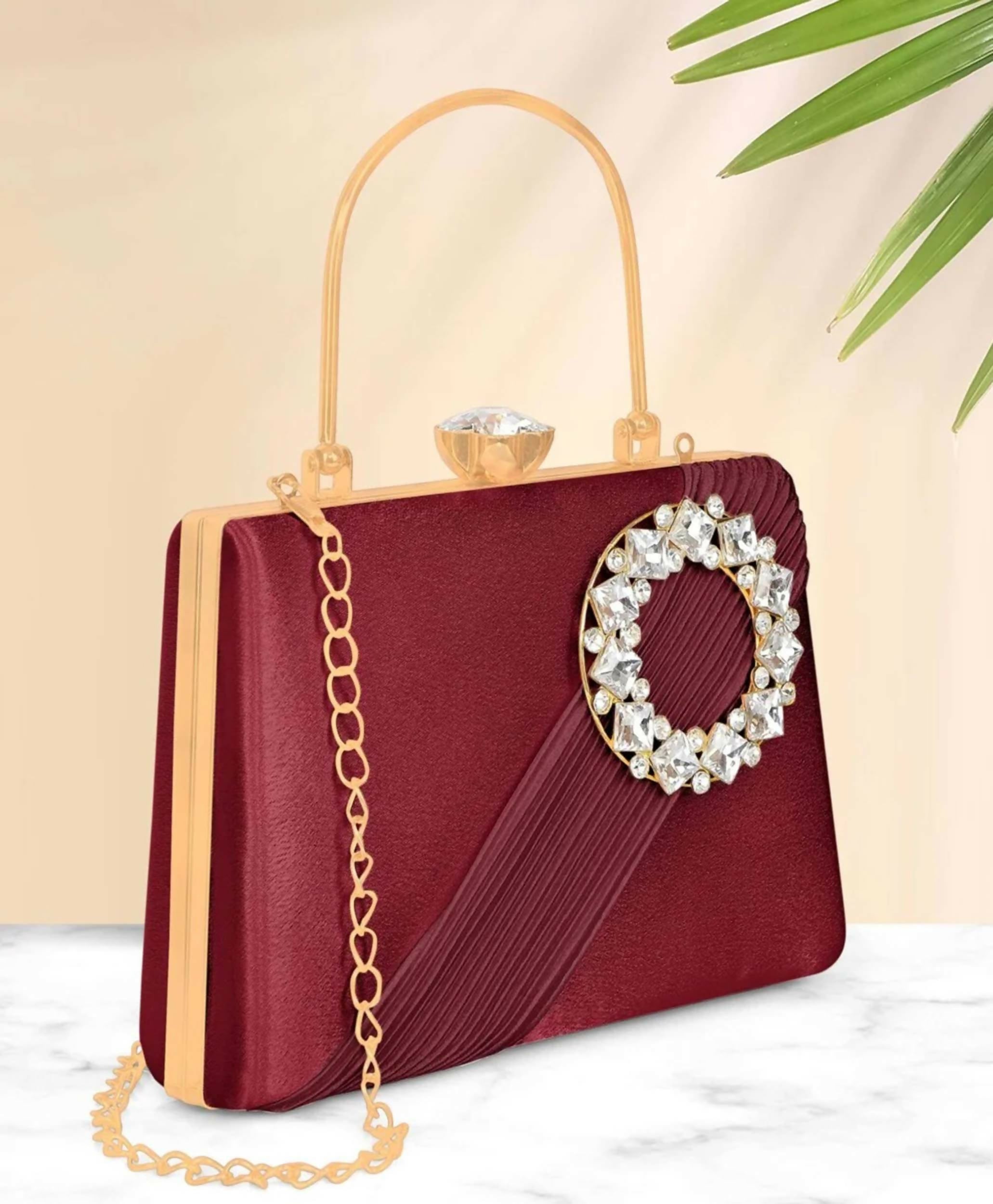 Joban Fashion Luxurious Satin Evening Clutch With Detachable Chain Strap - Maroon - Dista