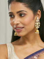Thumbnail for Nuyug 22K Gold-Plated Regal Kundan Stone Studded & Pearl Drop Jhumkas