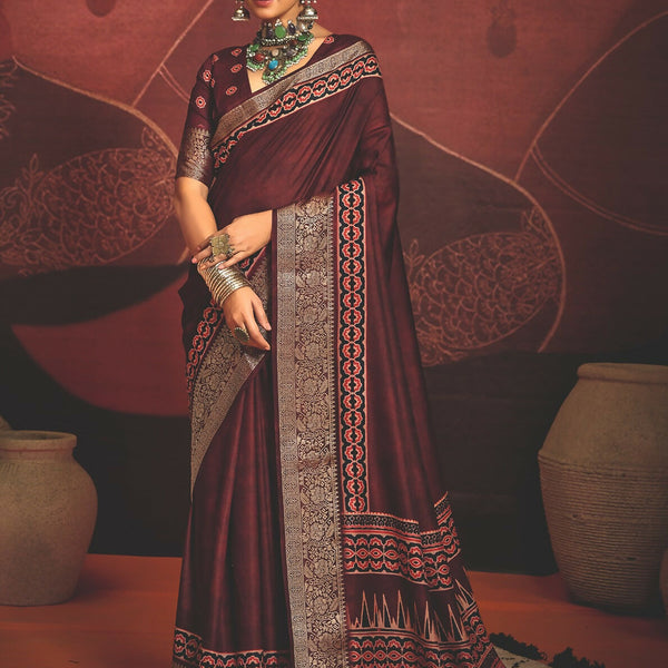 Joban Fashion Maroon Art Silk With Fine Viscose Border Ajrak Full Body Print With Soft Finish Saree - Distacart