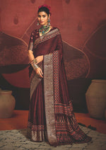 Thumbnail for Joban Fashion Maroon Art Silk With Fine Viscose Border Ajrak Full Body Print With Soft Finish Saree