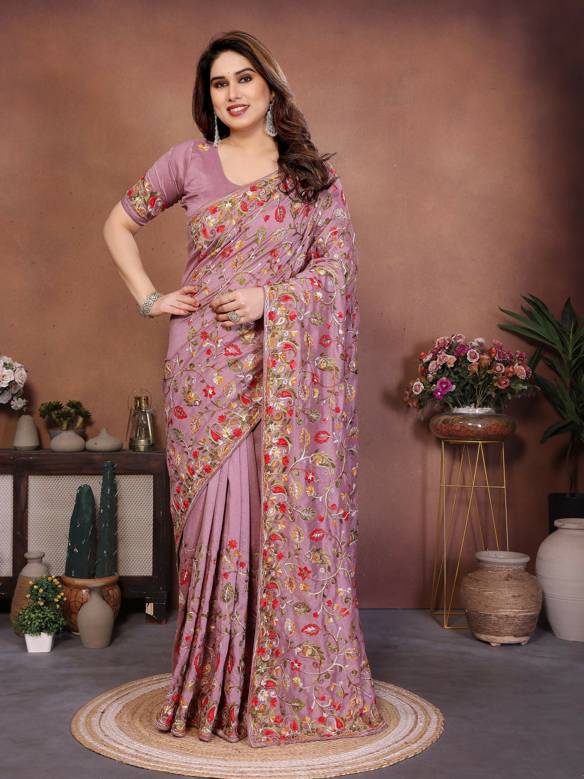 Teeya Creation New Latest Party Wear Lucknowi Soft Silk Saree-Beige - Dista