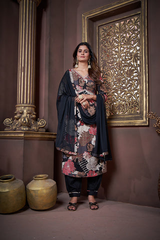 Hiral Fashion Black Rayon Printed Kurta Set