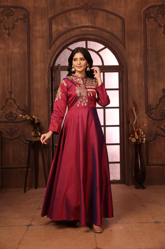 Buy Hiral Fashion Maroon Silk Embroidered Gown Online at Low