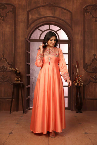Hiral Fashion Peach Silk Embroidered Gown