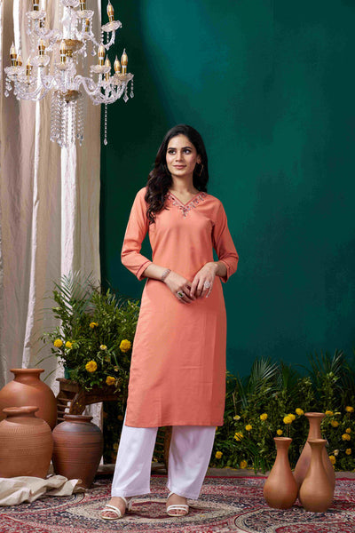 Hiral Fashion Peach Cotton Solid Kurta Set