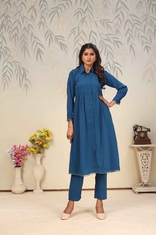 Hiral Fashion Blue Cotton Solid Kurta Set