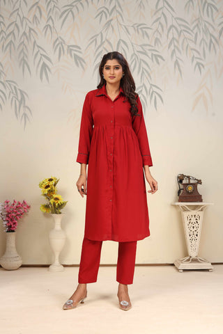 Hiral Fashion Red Cotton Solid Kurta Set