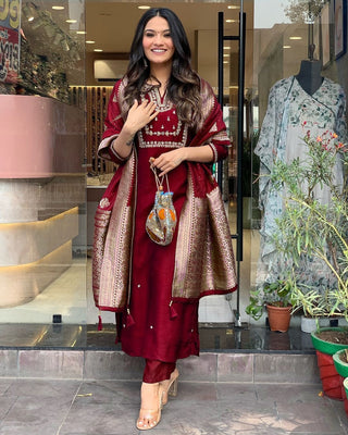 Lyush Women Party Wear Embroidery Worked Kurta With Pant And Duppata Set - Maroon - Distacart
