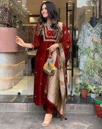 Thumbnail for Lyush Women Party Wear Embroidery Worked Kurta With Pant And Duppata Set - Maroon - Distacart
