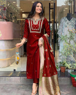 Thumbnail for Lyush Women Party Wear Embroidery Worked Kurta With Pant And Duppata Set - Maroon - Distacart