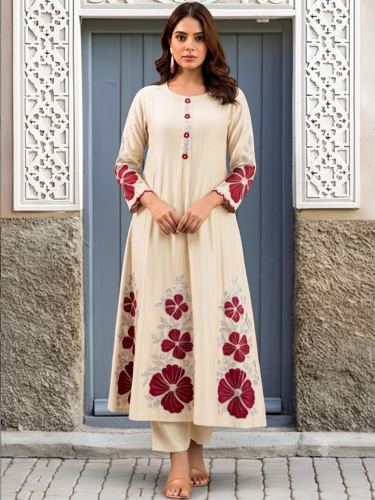 Dwija Fashion Anarkali Kurti Silk Blend Embroidered Cream Kurti With Plazzo And Dupatta
