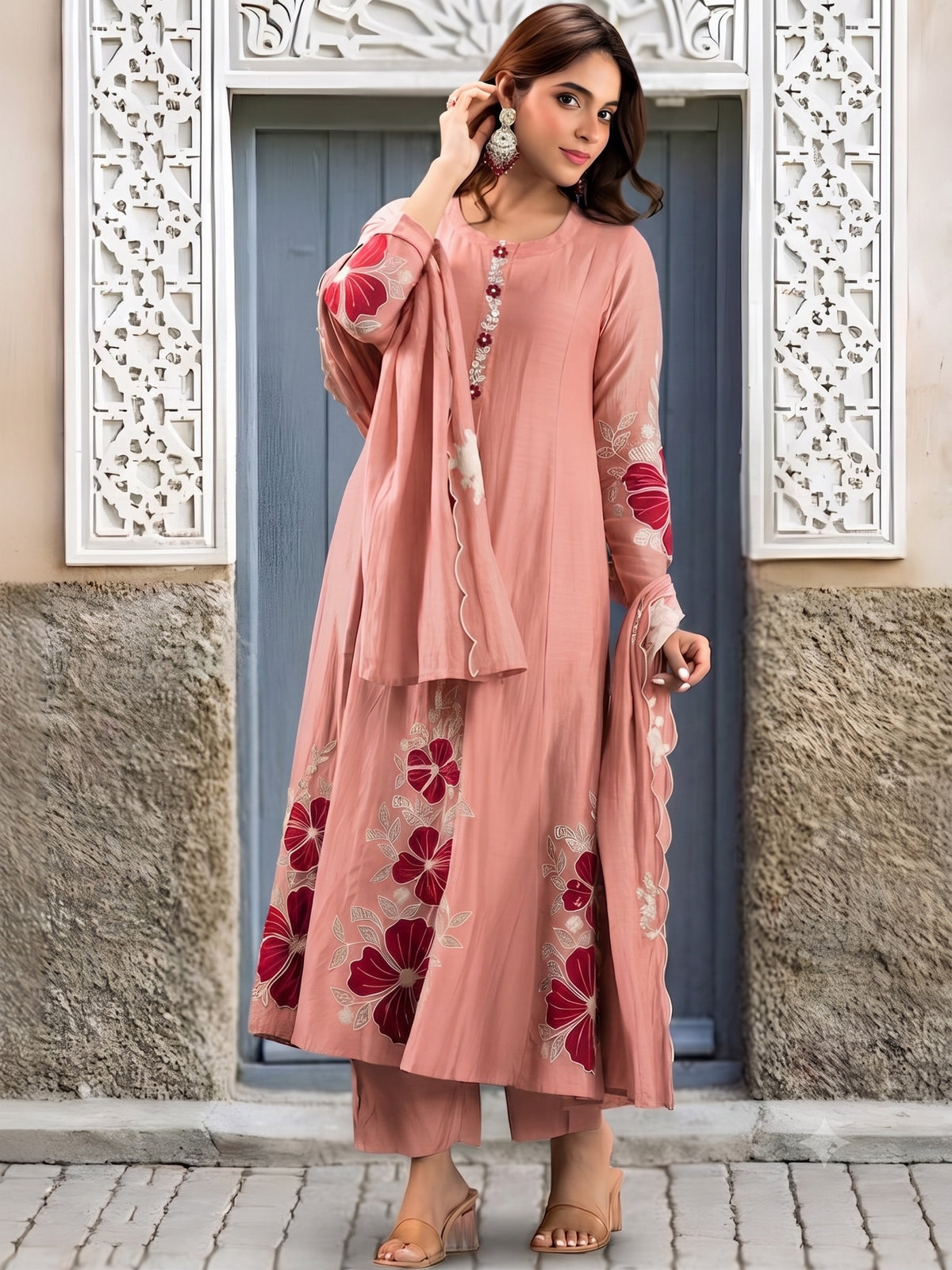 Dwija Fashion Anarkali Kurti Silk Blend Embroidered Peach Kurti With Plazzo And Dupatta
