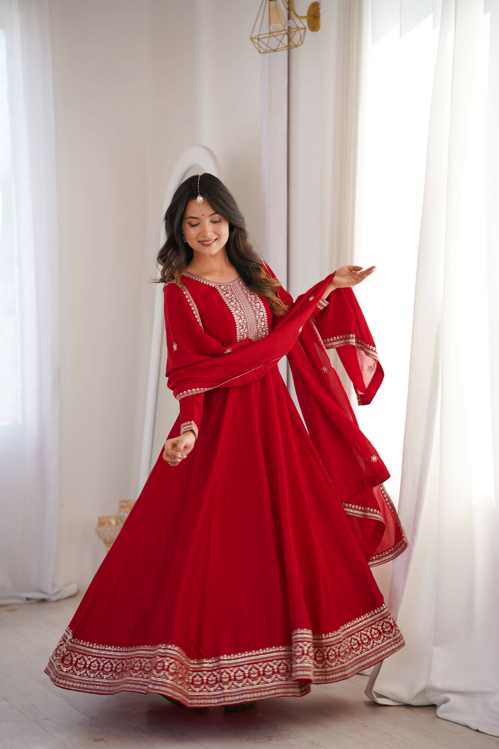 Teeya Creation Maroon Color Vichitra Silk Embroidery Work Party Wear Long Gown - Distacart