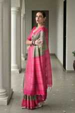 Thumbnail for Vishnu Weaves Women's Pink Soft Tussar Silk Printed Saree with Blouse
