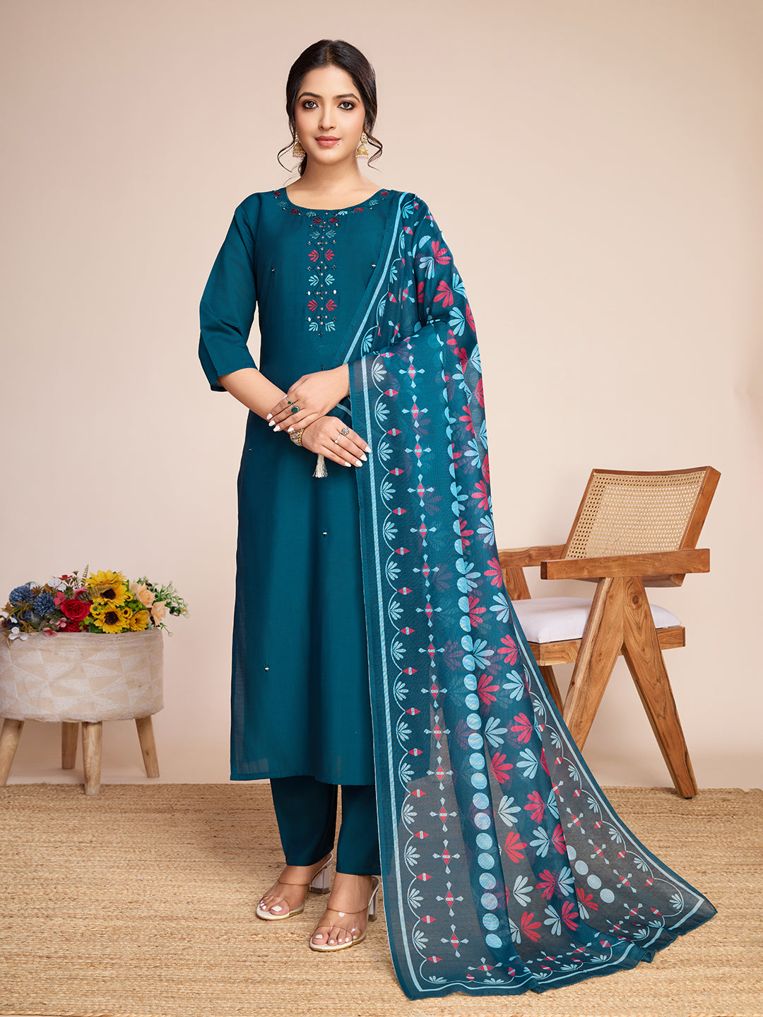 Lorenvalley Rama Chanderi Roman Silk Embroidered with Mirror Work Kurta Set