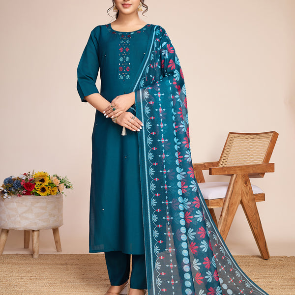 Lorenvalley Rama Chanderi Roman Silk Embroidered with Mirror Work Kurta Set