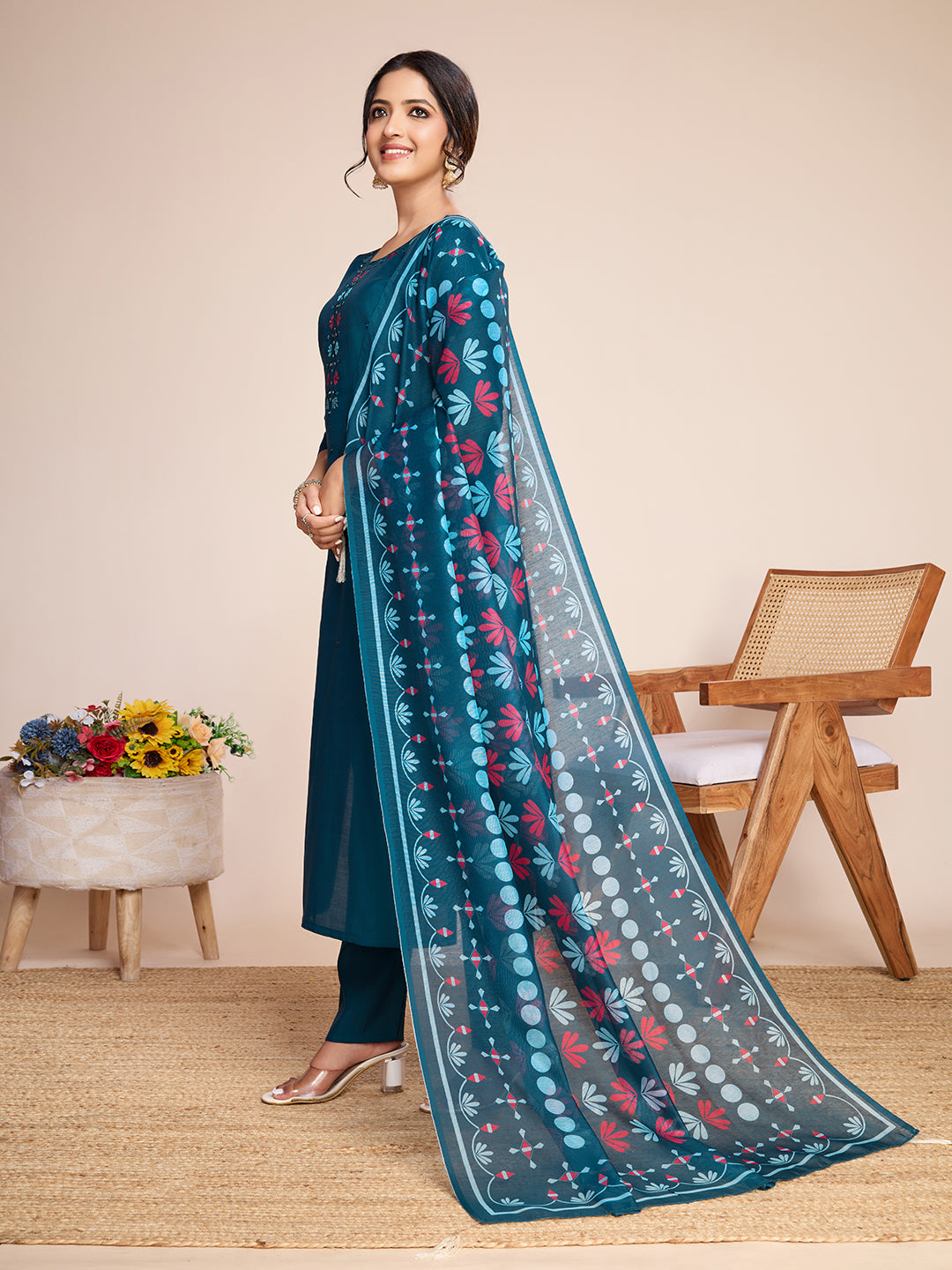 Lorenvalley Rama Chanderi Roman Silk Embroidered with Mirror Work Kurta Set - Distacart