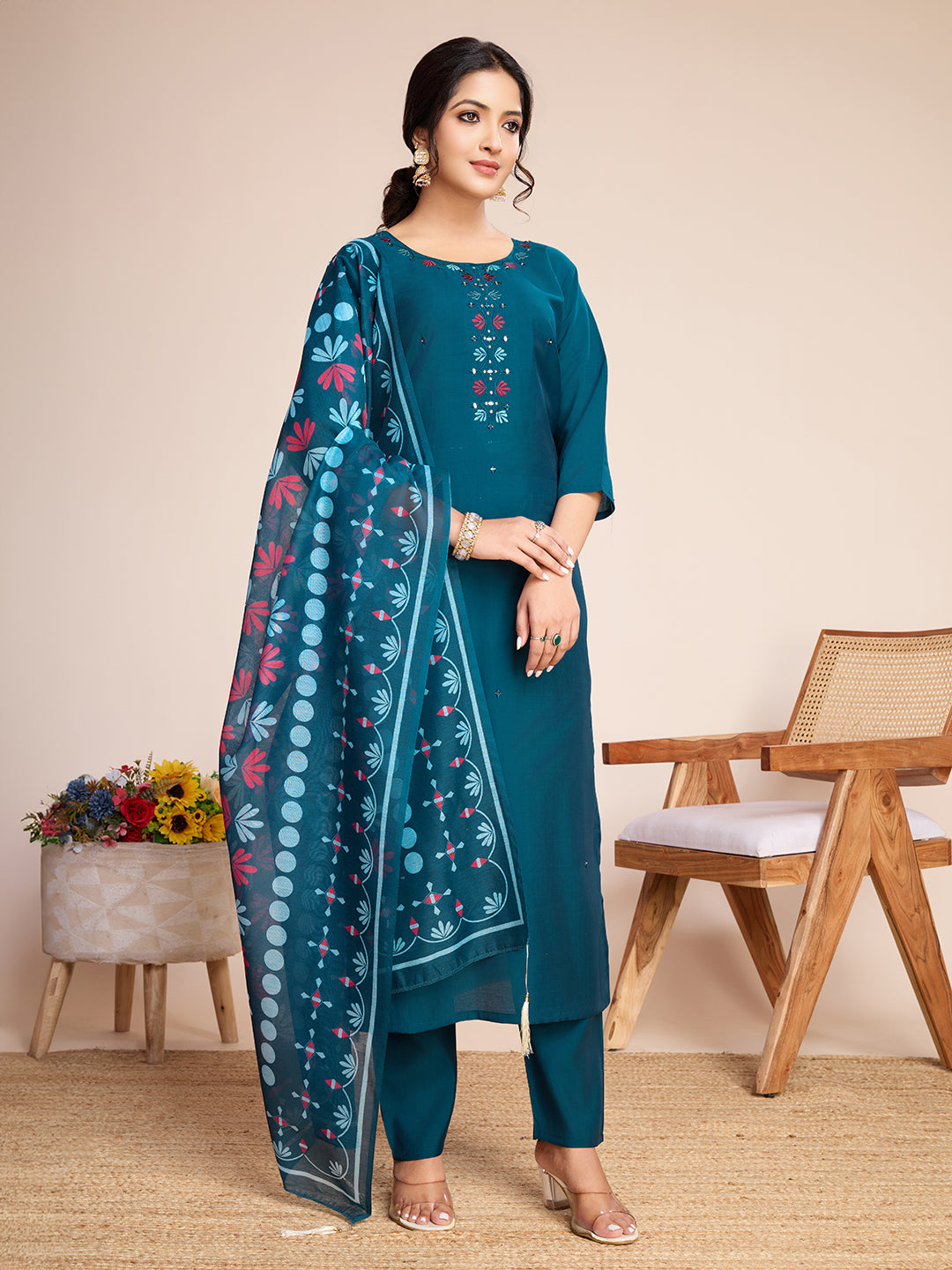 Lorenvalley Rama Chanderi Roman Silk Embroidered with Mirror Work Kurta Set
