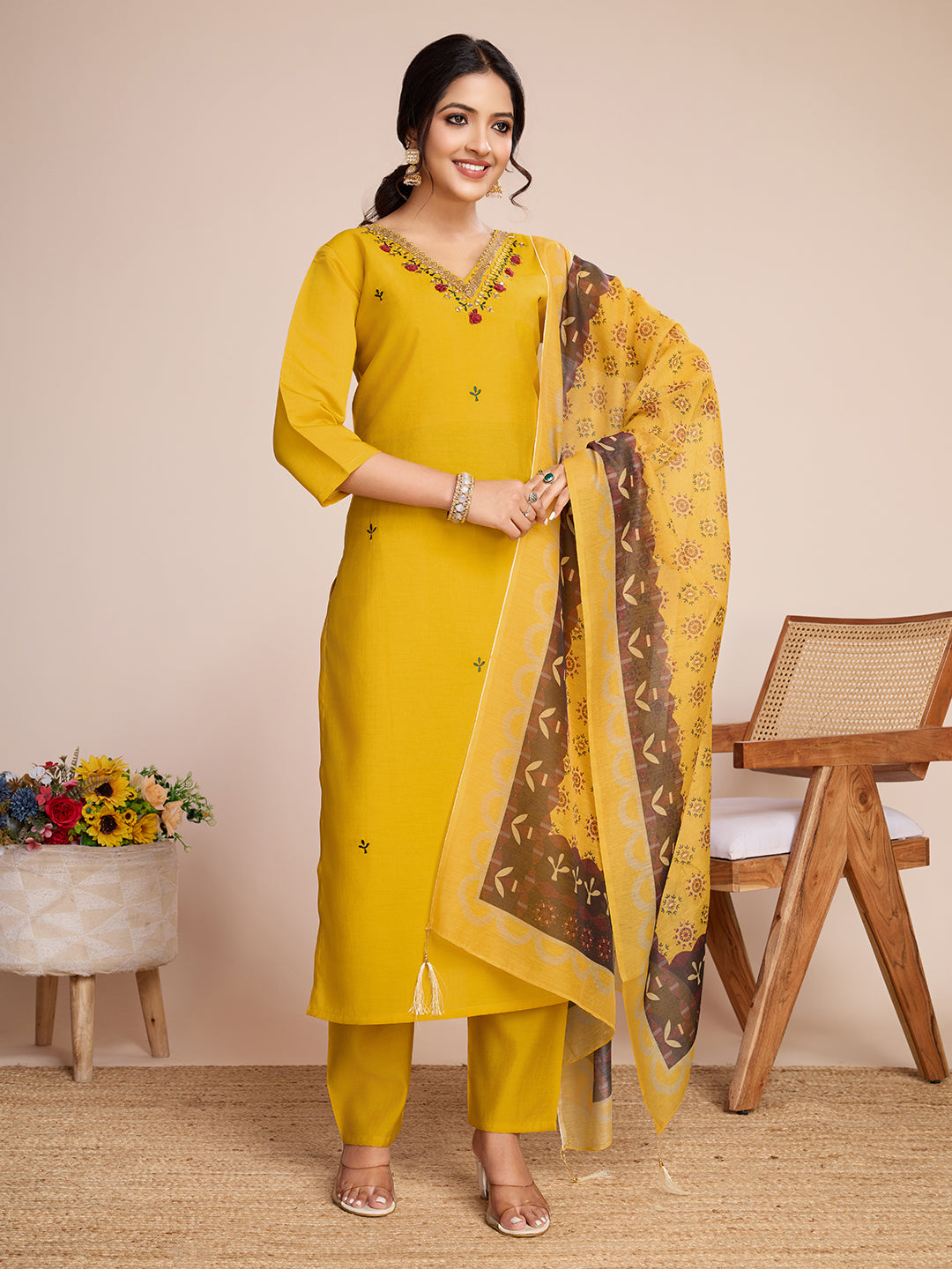 Lorenvalley Mustard Chanderi Roman Silk Embroidered with Mirror Work Kurta Set