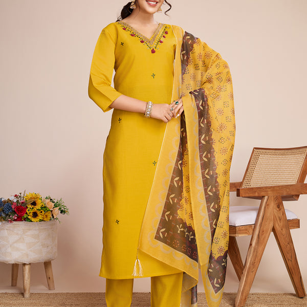 Lorenvalley Mustard Chanderi Roman Silk Embroidered with Mirror Work Kurta Set
