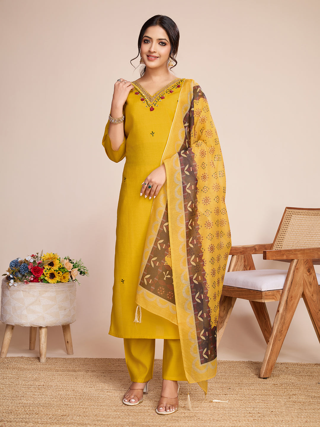 Lorenvalley Mustard Chanderi Roman Silk Embroidered with Mirror Work Kurta Set