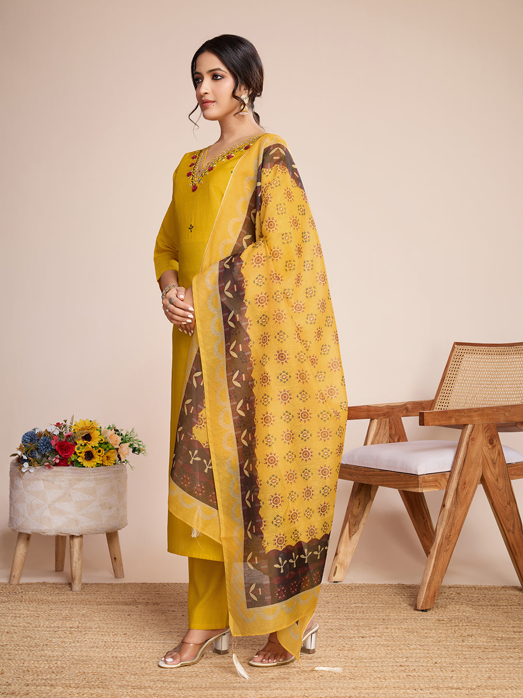 Lorenvalley Mustard Chanderi Roman Silk Embroidered with Mirror Work Kurta Set