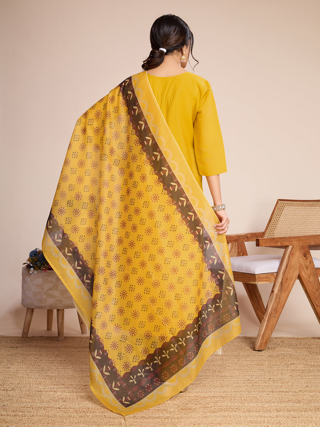 Lorenvalley Mustard Chanderi Roman Silk Embroidered with Mirror Work Kurta Set