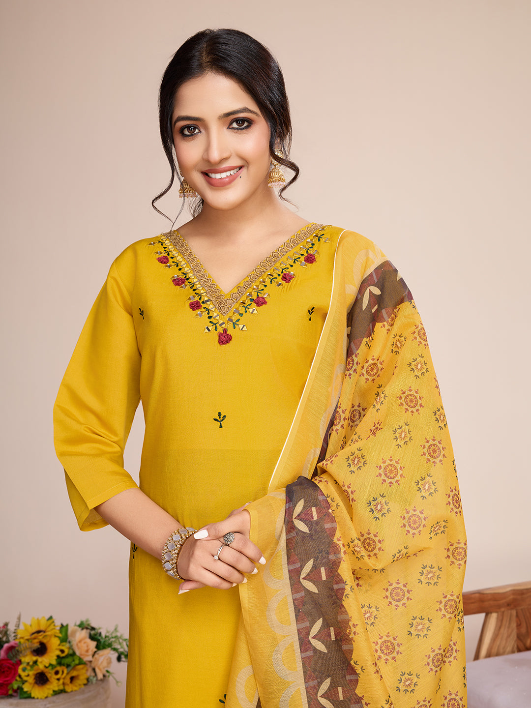 Lorenvalley Mustard Chanderi Roman Silk Embroidered with Mirror Work Kurta Set