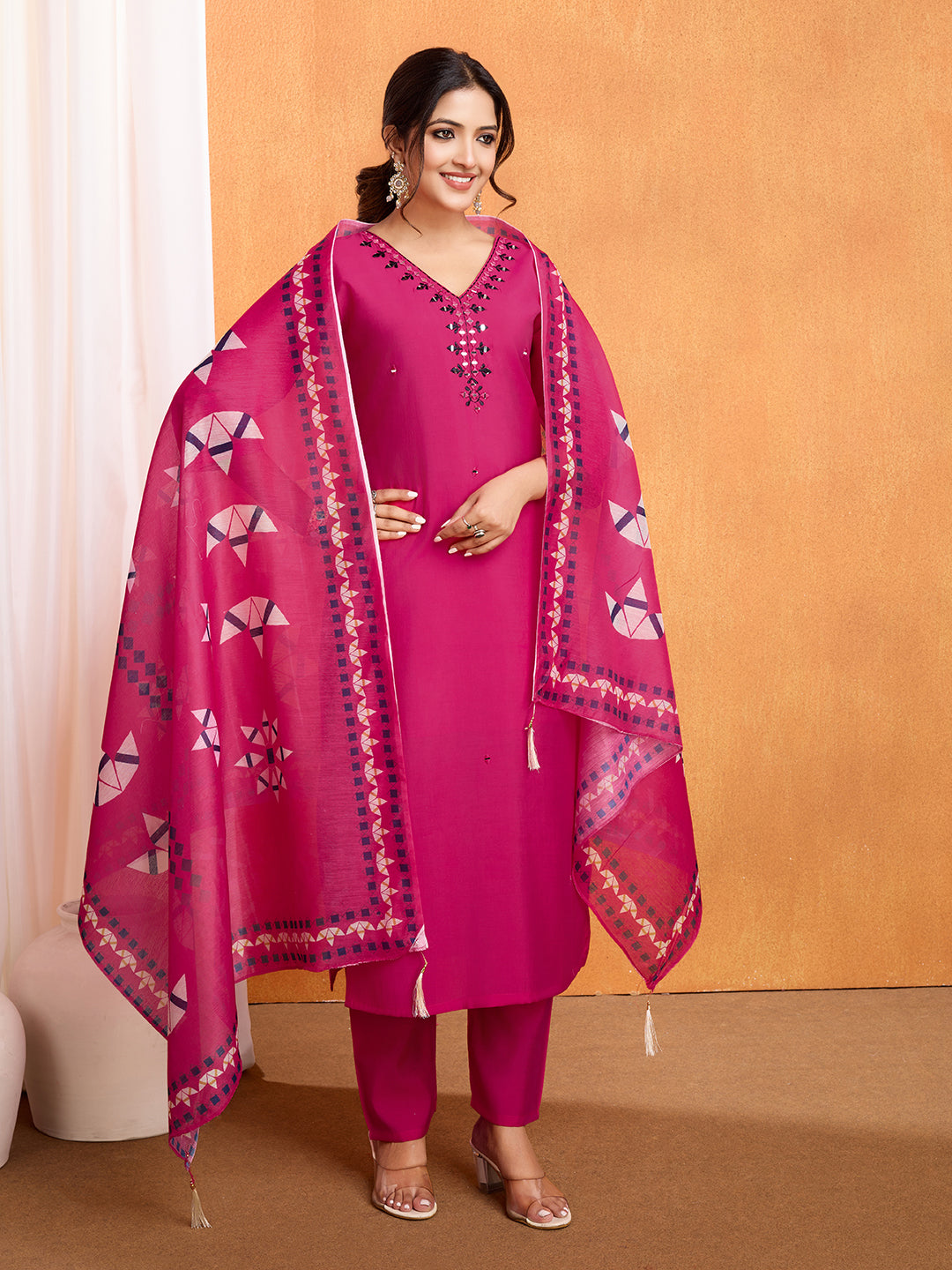 Lorenvalley Magenta Chanderi Roman Silk Embroidered with Mirror Work Kurta Set
