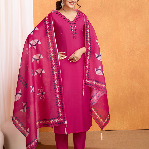 Lorenvalley Magenta Chanderi Roman Silk Embroidered with Mirror Work Kurta Set