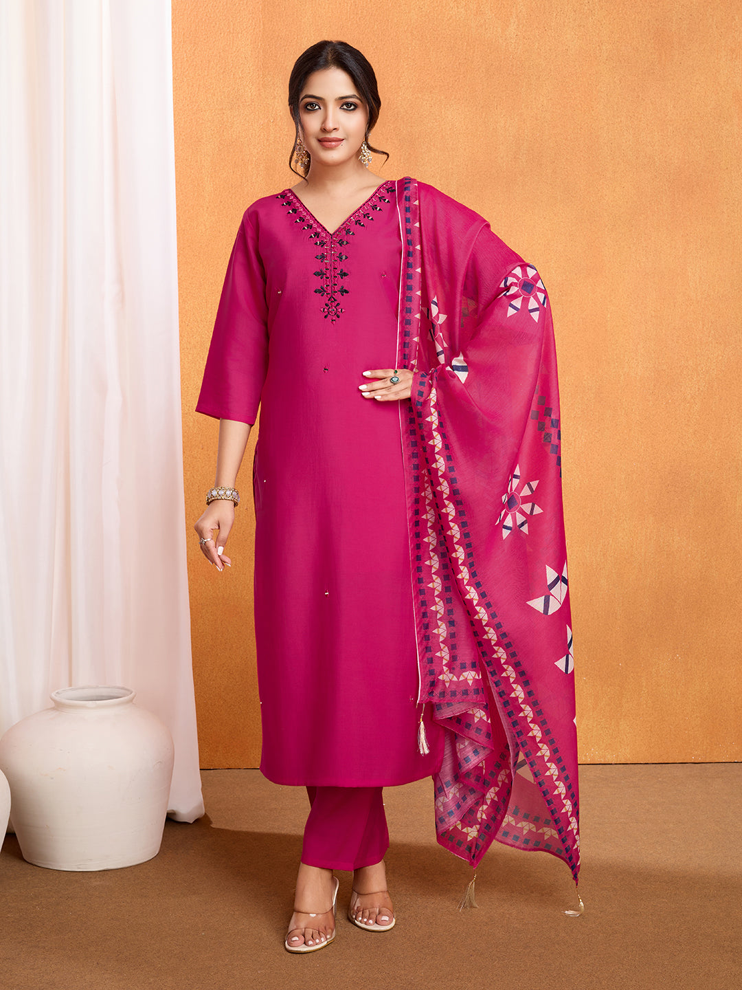 Lorenvalley Magenta Chanderi Roman Silk Embroidered with Mirror Work Kurta Set
