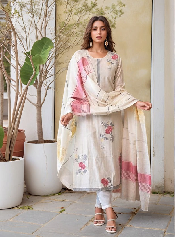 Lorenvalley Offwhite Pure Cotton Jacquard Weaving Kurta Set