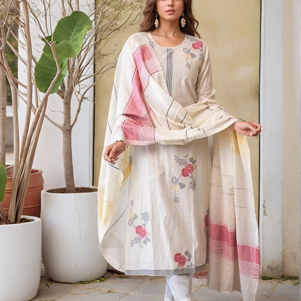 Lorenvalley Offwhite Pure Cotton Jacquard Weaving Kurta Set