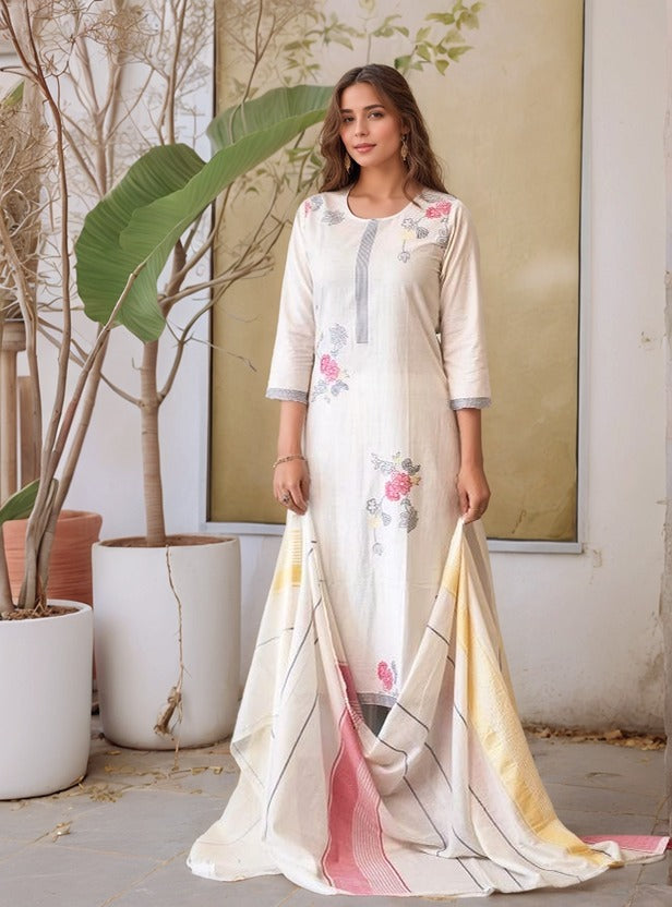Lorenvalley Offwhite Pure Cotton Jacquard Weaving Kurta Set