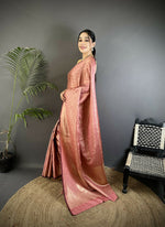 Thumbnail for Joban Fashion Dusty Pink  Floral & Paisley Motifs Soft Satin Silk Banarasi Saree - Distacart