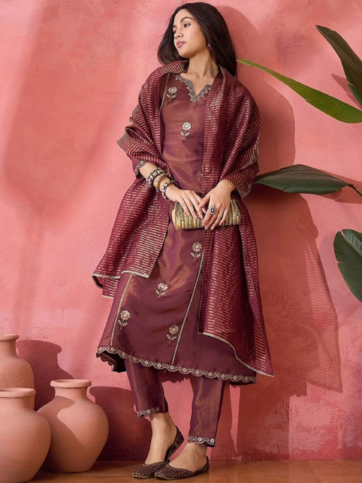 Dwija Fashion Embroidered Kurti With Pant And Duppata Set-Maroon - Dista