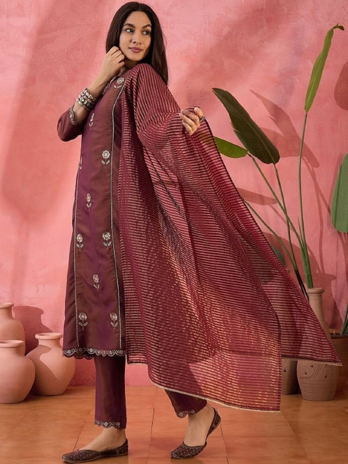 Dwija Fashion Maroon Wedding Wear Embroidered Shimmer Silk Kurti With Pant And Dupatta - Dista