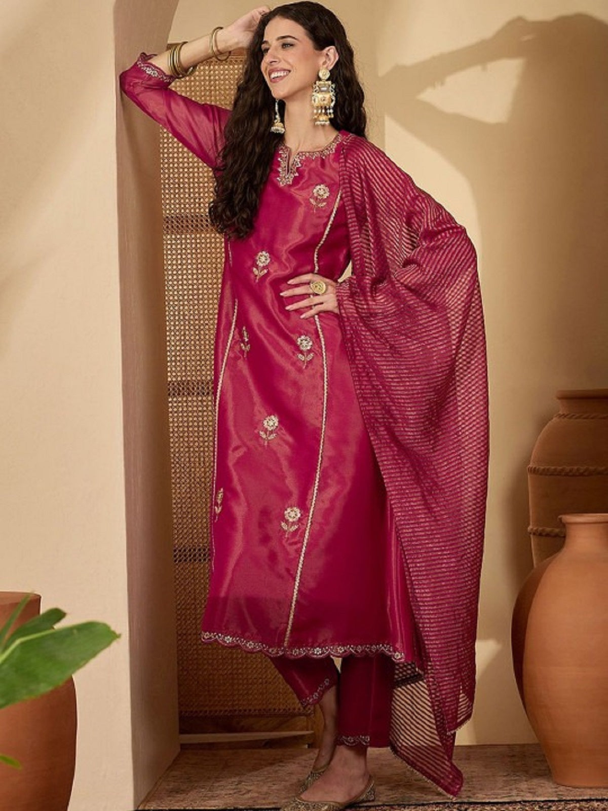 Dwija Fashion Embroidered Kurti With Pant And Duppata Set-Wine - Dista