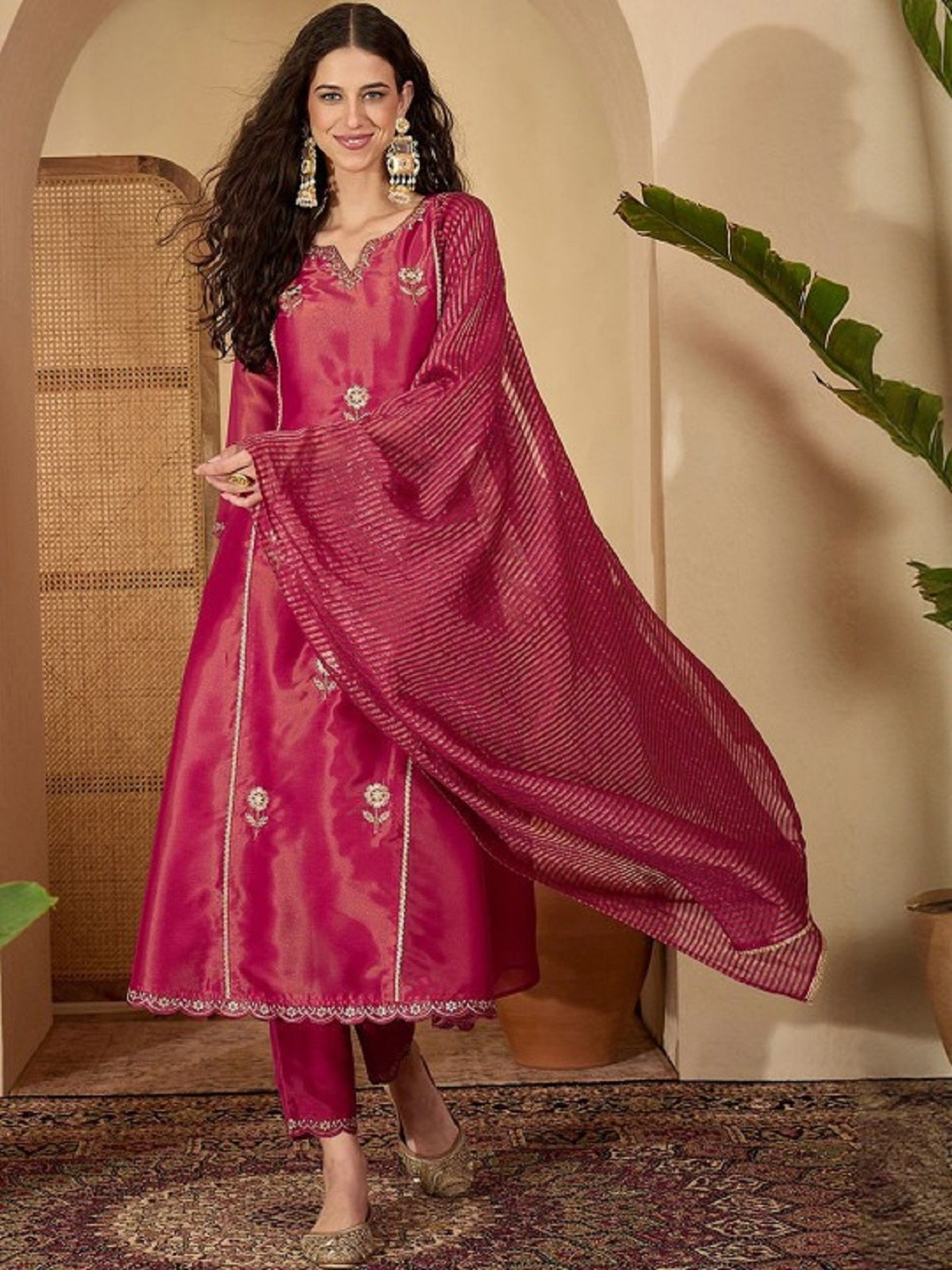 Dwija Fashion Wine Wedding Wear Embroidered Shimmer Silk Kurti With Pant And Dupatta - Dista