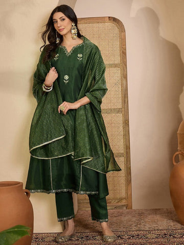 Dwija Fashion Embroidered Kurti With Pant And Duppata Set-Green - Dista