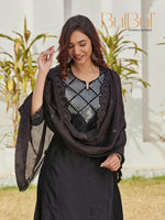 Thumbnail for BulBul Maryam Black Cotton Kurta Set with Dupatta