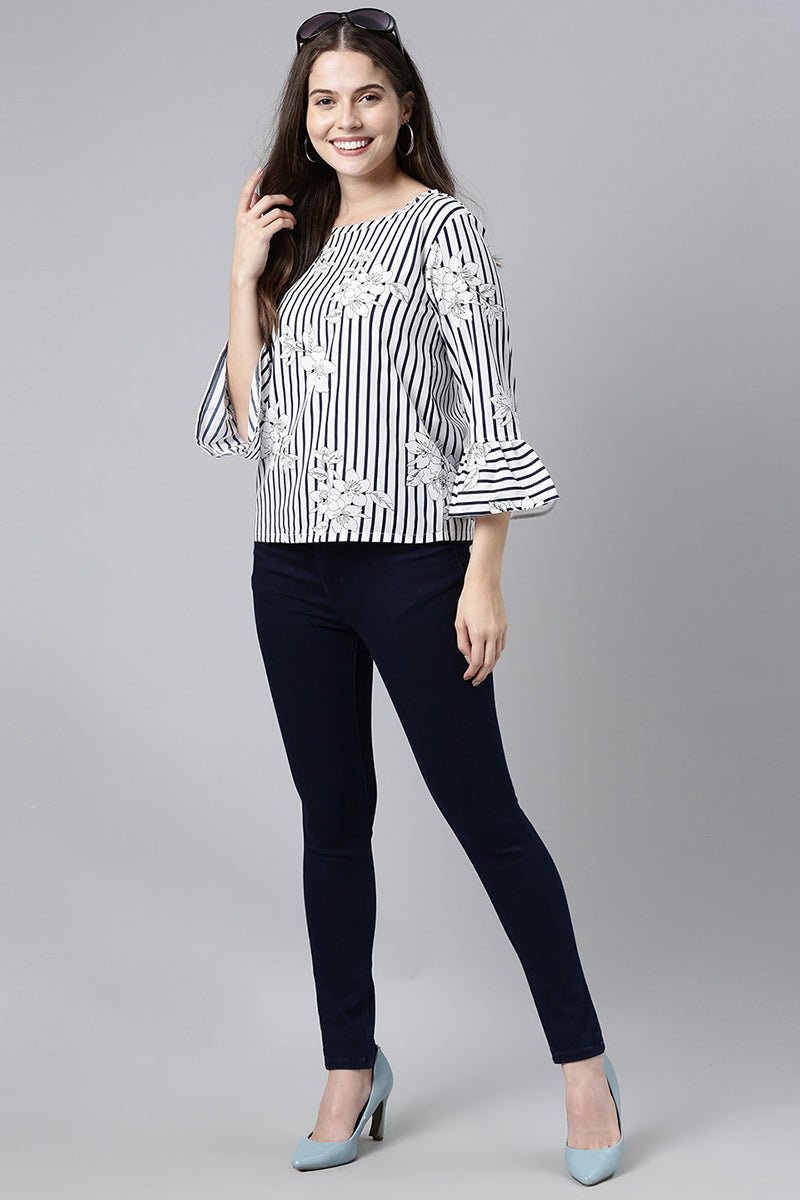 Ahika White Poly Crepe Striped Regular Top - Distacart