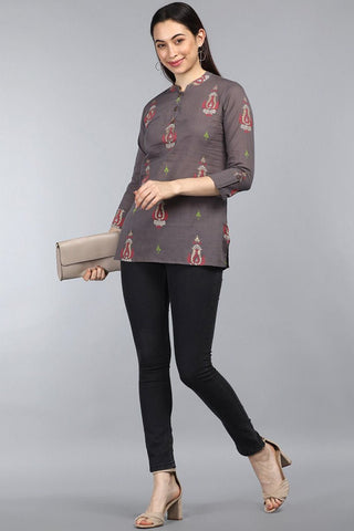 Ahika Taupe Cotton Ethnic Motifs Regular Tunic Top - Distacart