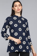Thumbnail for Ahika Navy Blue Cotton Floral Print Regular Tunic Top - Distacart