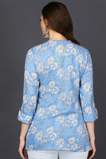 Thumbnail for Ahika Light Blue Cotton Blend Floral Printed Straight Tunic